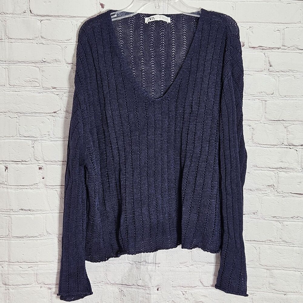 ZARA Knit Sweater Womens Size S Blue Ribbed V Neck Pullover Top Long Sleeve